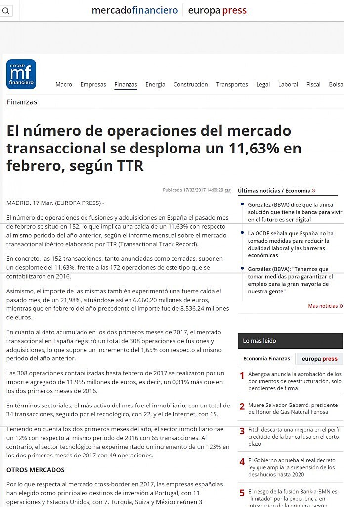 El nmero de operaciones del mercado transaccional se desploma un 11,63% en febrero, segn TTR